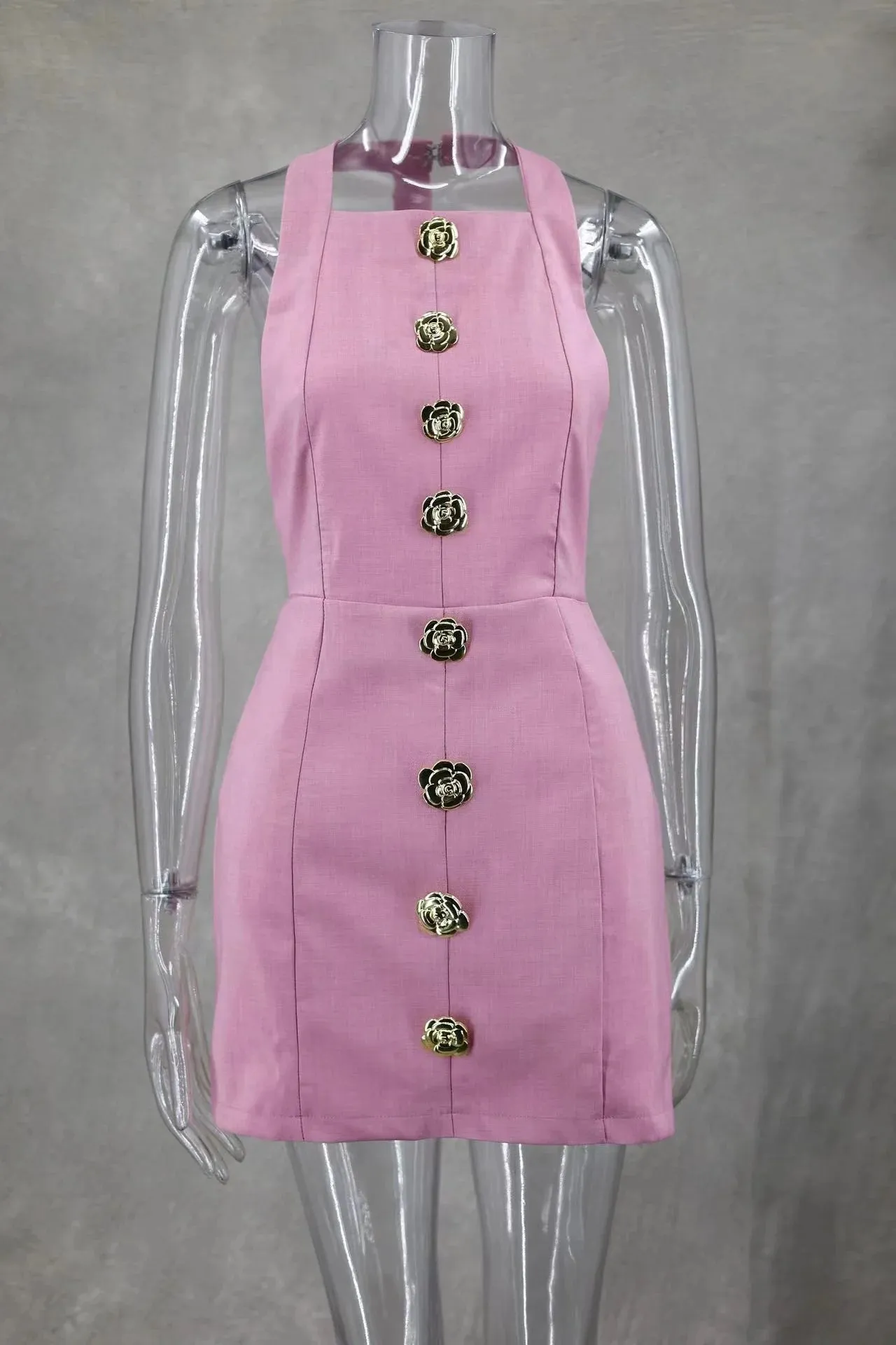 2024 Elegant Rose Short Party Chic Halter Backless Sleeveless Holiday Evening Dress