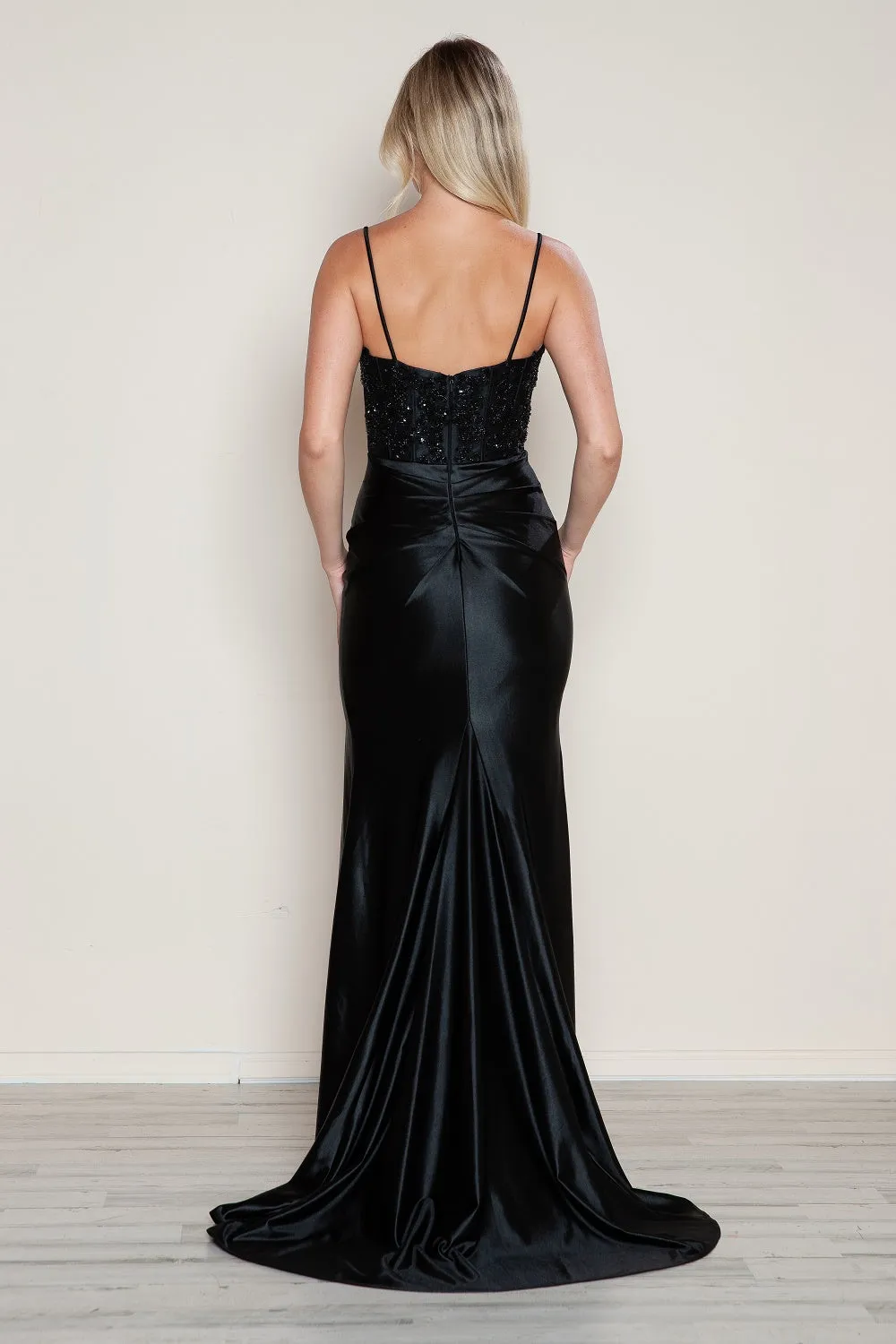 Applique Satin Sleeveless Slit Gown by Poly USA 9616