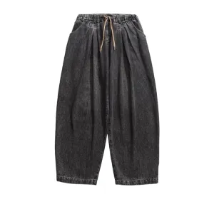 Baggy fit pleated denim pant with elastic waist