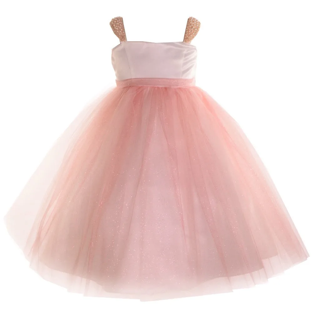 Big Girls Blush Pearl Shoulder Mesh Junior Bridesmaid Dress 8-12