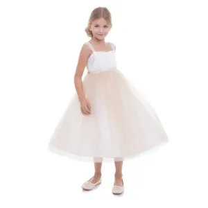 Big Girls Champagne Pearl Shoulder Mesh Junior Bridesmaid Dress 8-12