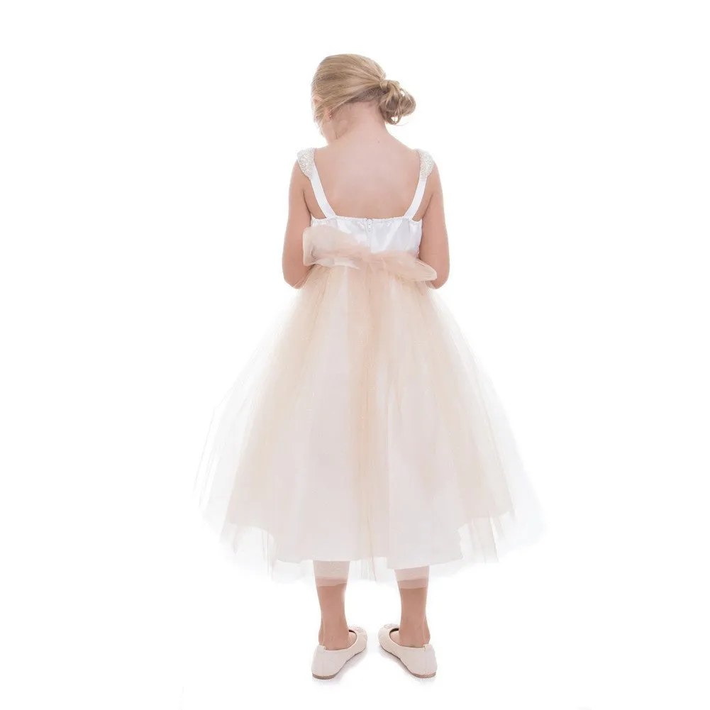 Big Girls Champagne Pearl Shoulder Mesh Junior Bridesmaid Dress 8-12