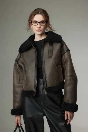 Distressed Shearling Collar Cropped Sheepskin Biker Jacket