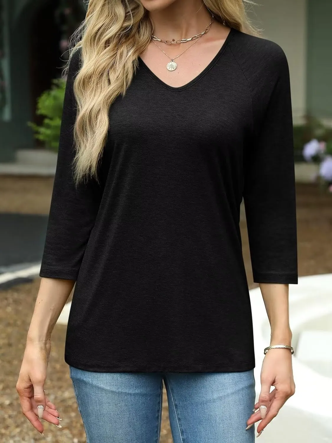 EADINVE Womens V Neck 3/4 Sleeve T Shirts Casual Basic Summer Tees Shirts Loose Fit Tunic Tops Fall Pullover