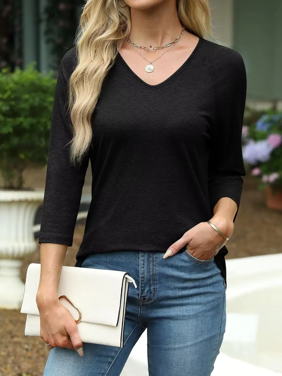 EADINVE Womens V Neck 3/4 Sleeve T Shirts Casual Basic Summer Tees Shirts Loose Fit Tunic Tops Fall Pullover