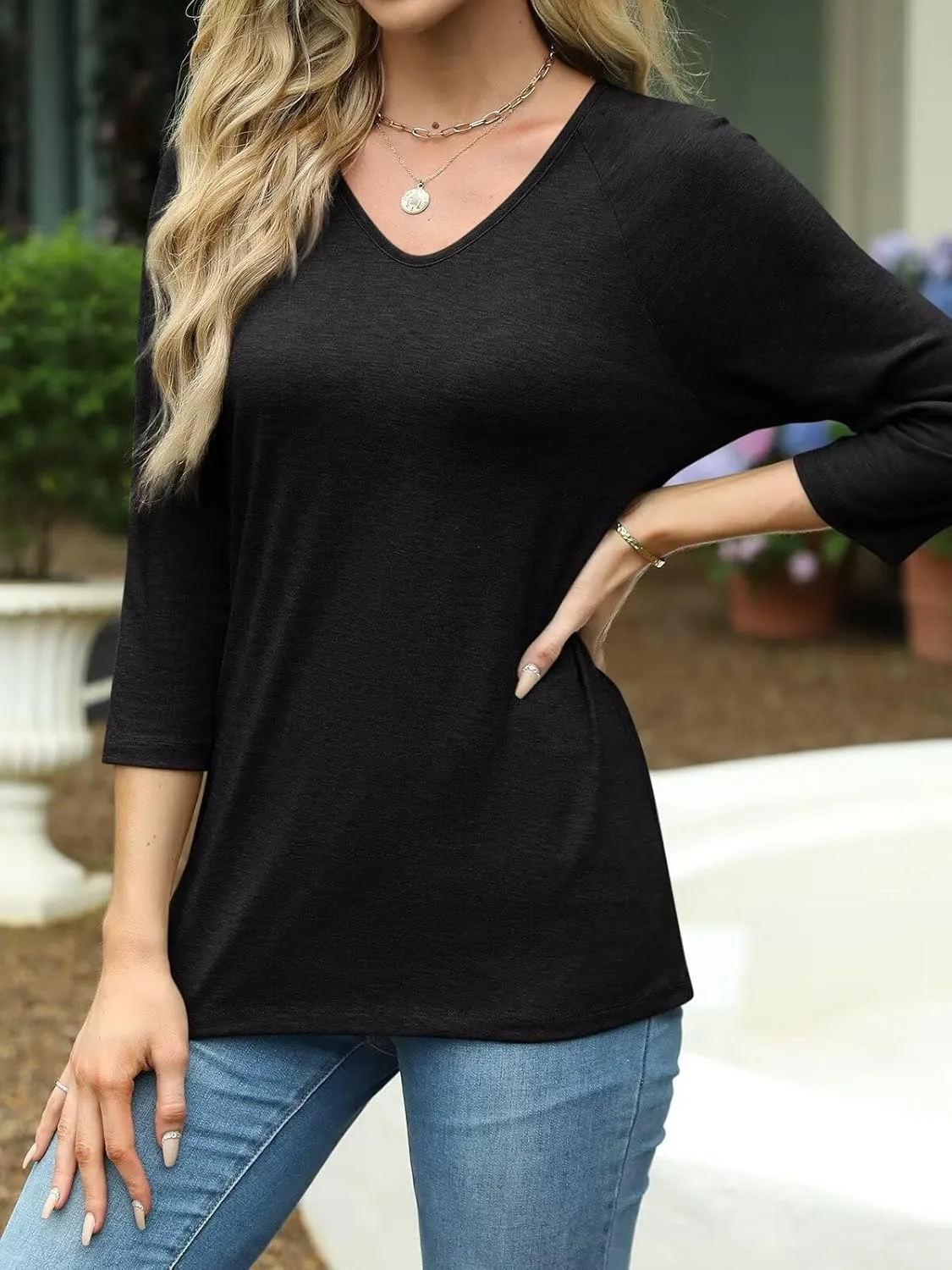 EADINVE Womens V Neck 3/4 Sleeve T Shirts Casual Basic Summer Tees Shirts Loose Fit Tunic Tops Fall Pullover