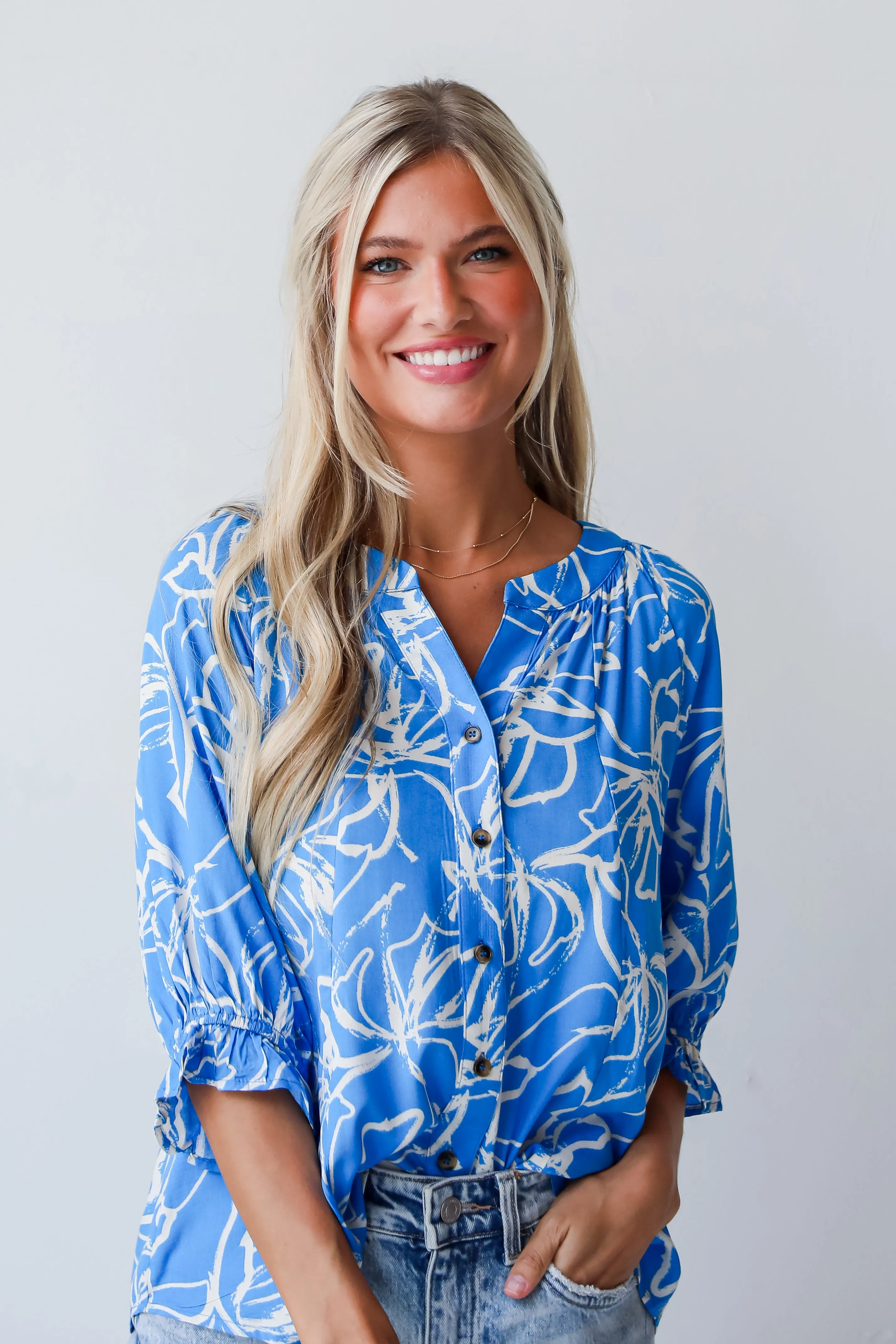 FINAL SALE - Charming Tendencies Blue Floral Blouse