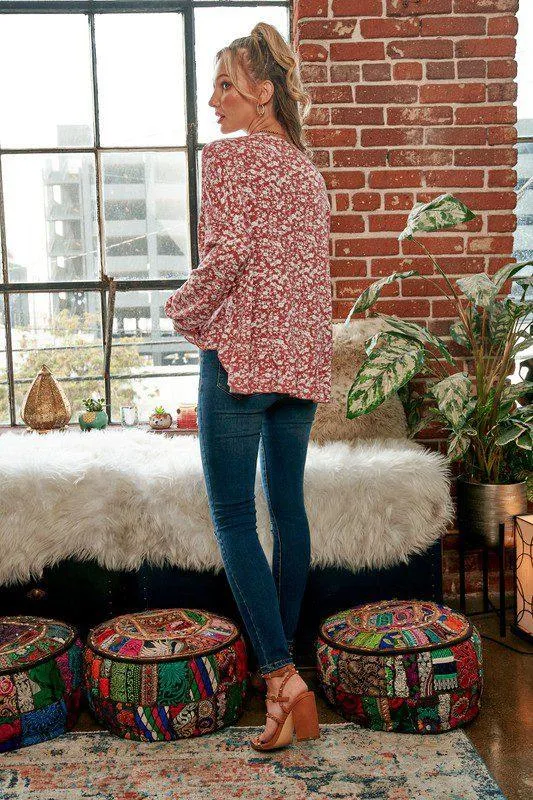 Floral Print Ruffle Long Sleeve Knit Top