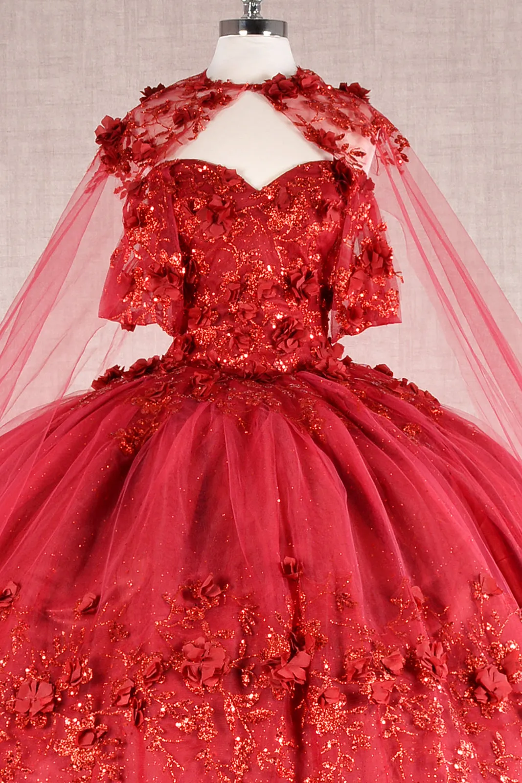 Glitter 3D Flower Applique Mesh w/ Long Mesh Cape Long Quinceanera Dress GLGL3179
