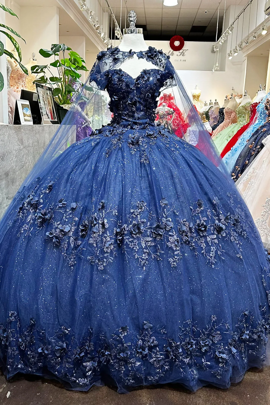 Glitter 3D Flower Applique Mesh w/ Long Mesh Cape Long Quinceanera Dress GLGL3179