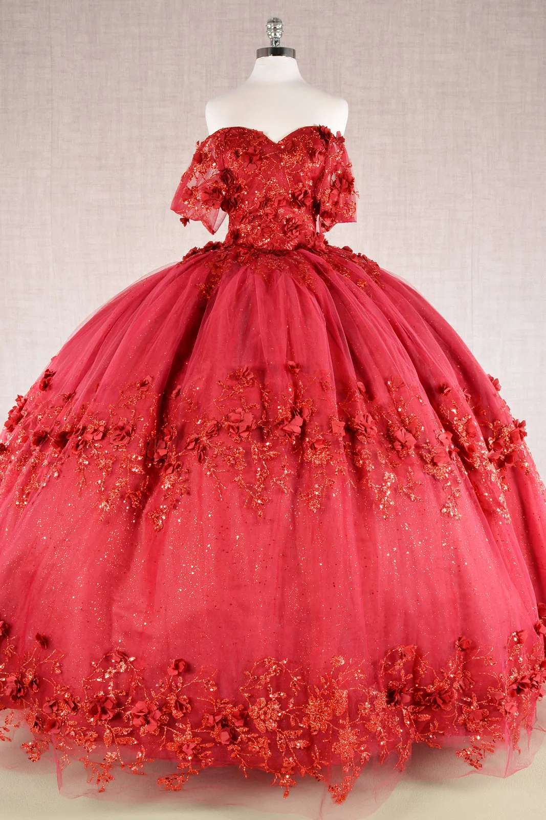 Glitter 3D Flower Applique Mesh w/ Long Mesh Cape Long Quinceanera Dress GLGL3179