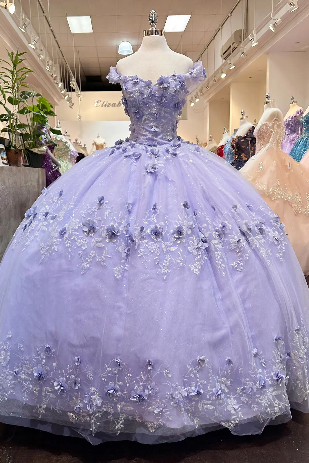Glitter 3D Flower Applique Mesh w/ Long Mesh Cape Long Quinceanera Dress GLGL3179