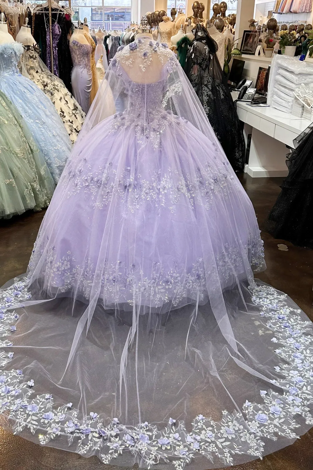 Glitter 3D Flower Applique Mesh w/ Long Mesh Cape Long Quinceanera Dress GLGL3179