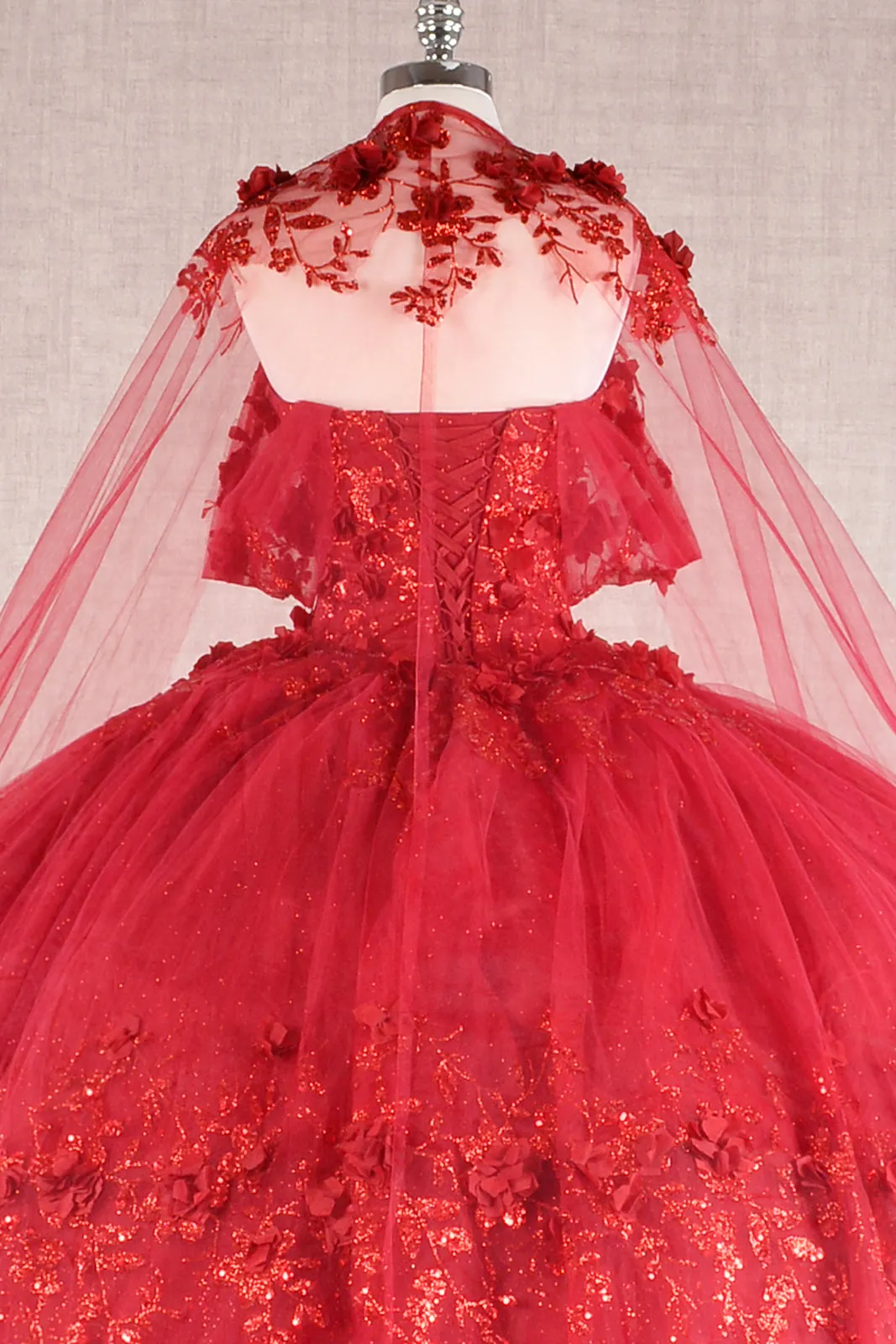 Glitter 3D Flower Applique Mesh w/ Long Mesh Cape Long Quinceanera Dress GLGL3179