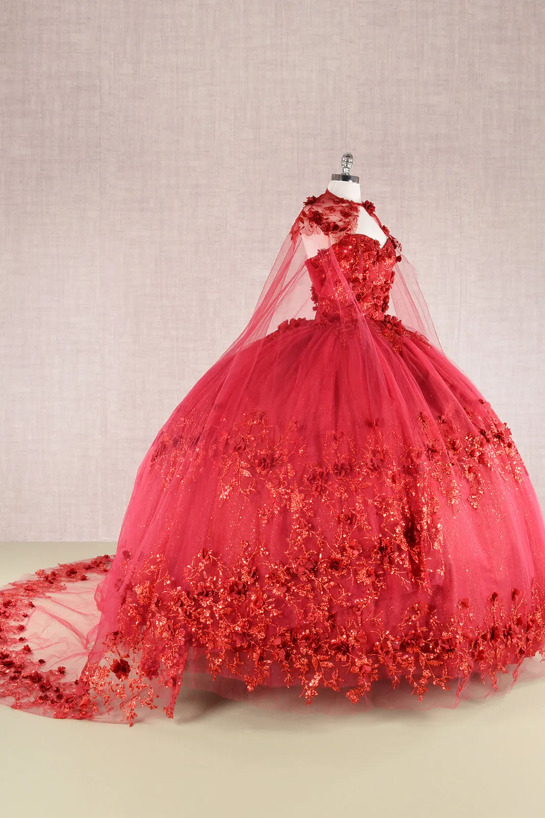 Glitter 3D Flower Applique Mesh w/ Long Mesh Cape Long Quinceanera Dress GLGL3179