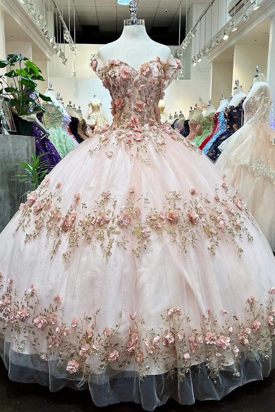 Glitter 3D Flower Applique Mesh w/ Long Mesh Cape Long Quinceanera Dress GLGL3179