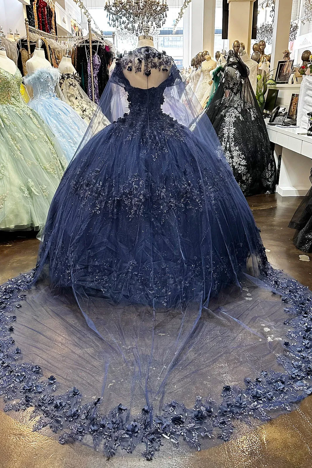 Glitter 3D Flower Applique Mesh w/ Long Mesh Cape Long Quinceanera Dress GLGL3179