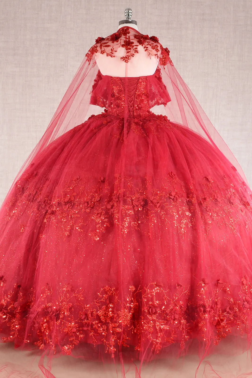 Glitter 3D Flower Applique Mesh w/ Long Mesh Cape Long Quinceanera Dress GLGL3179