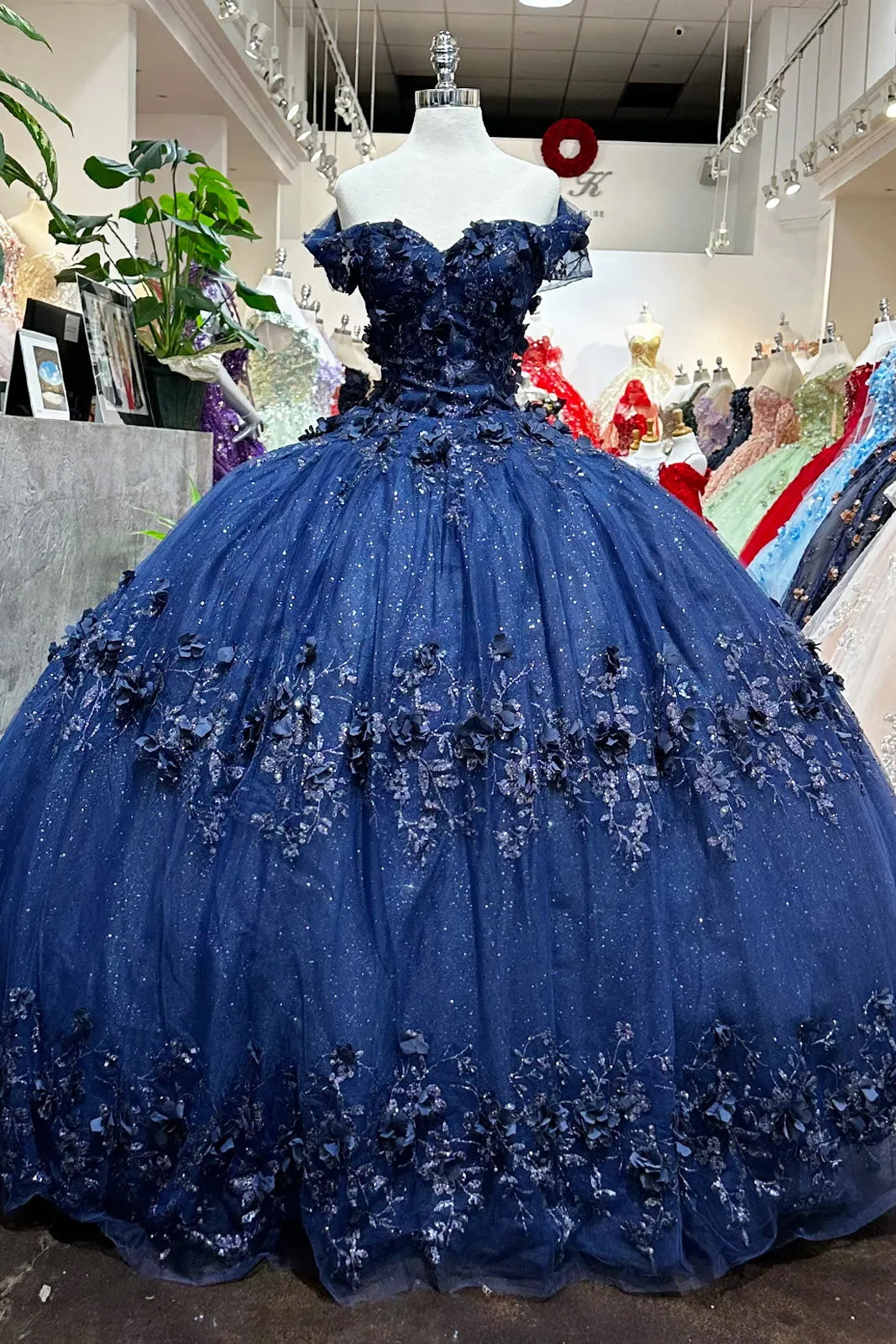 Glitter 3D Flower Applique Mesh w/ Long Mesh Cape Long Quinceanera Dress GLGL3179