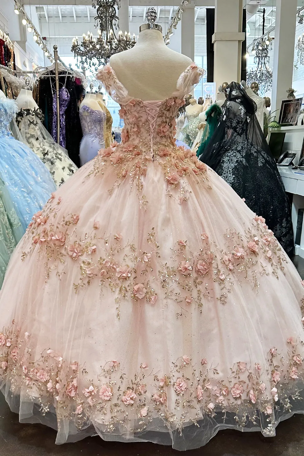 Glitter 3D Flower Applique Mesh w/ Long Mesh Cape Long Quinceanera Dress GLGL3179