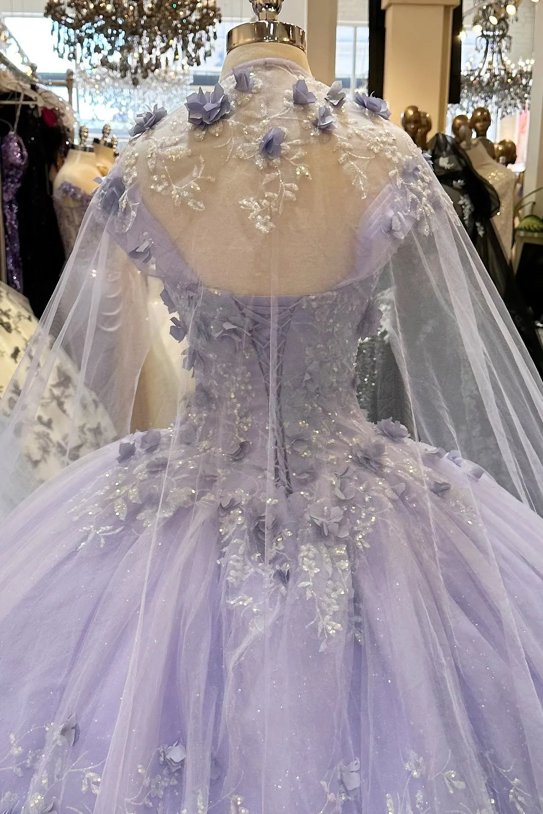 Glitter 3D Flower Applique Mesh w/ Long Mesh Cape Long Quinceanera Dress GLGL3179