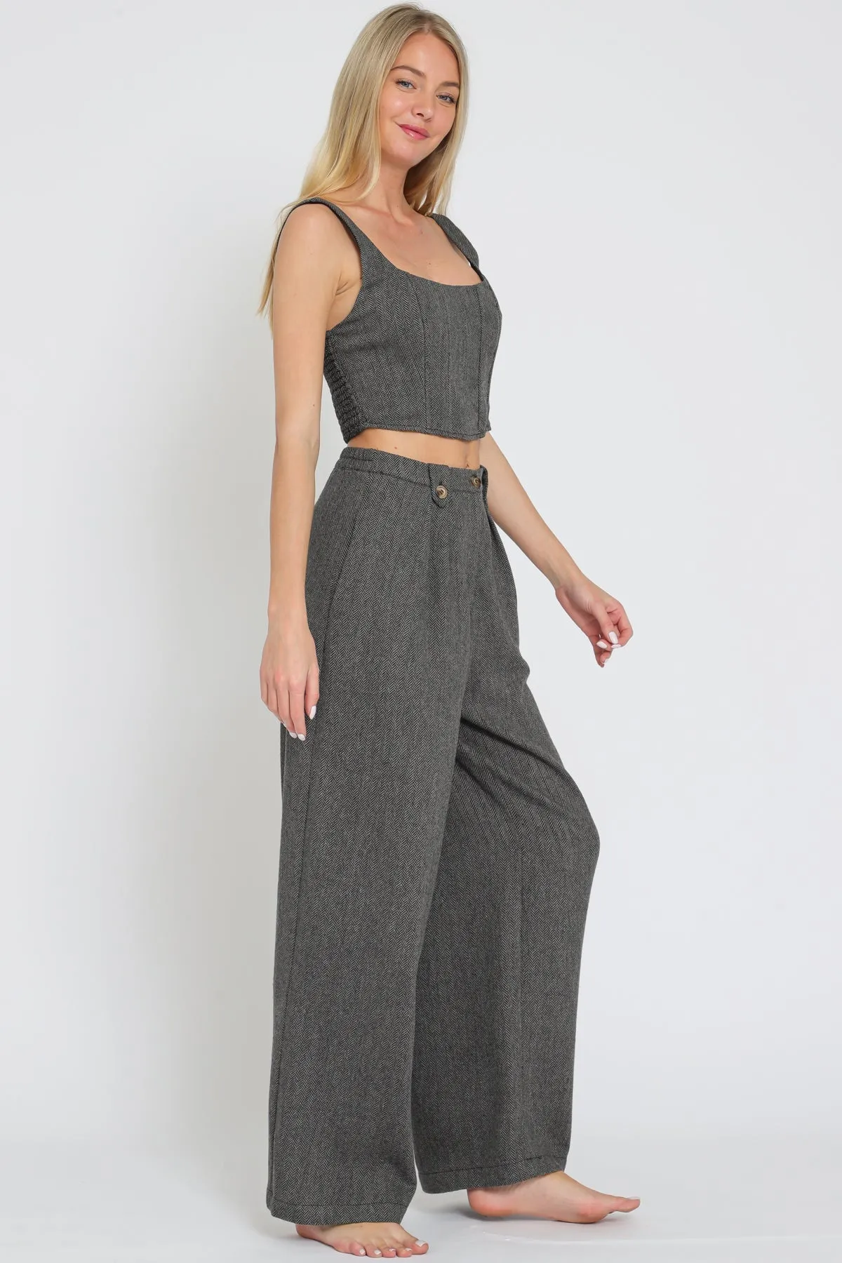Gray Tweed Bustier Top & High Waisted Pant Set