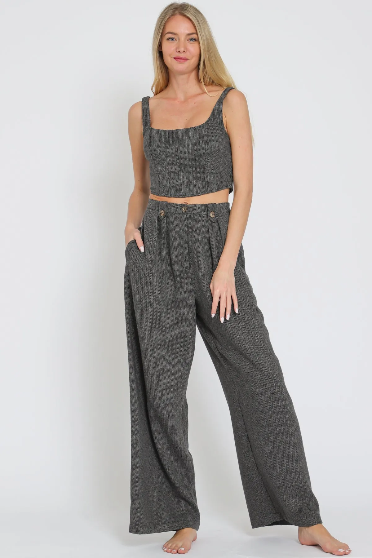 Gray Tweed Bustier Top & High Waisted Pant Set