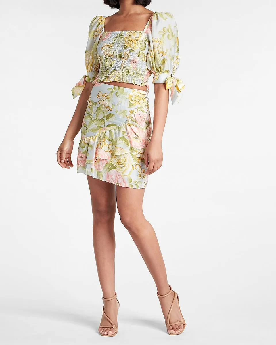 High Waisted Asymmetrical Ruffle Mini Skirt in Blue Print