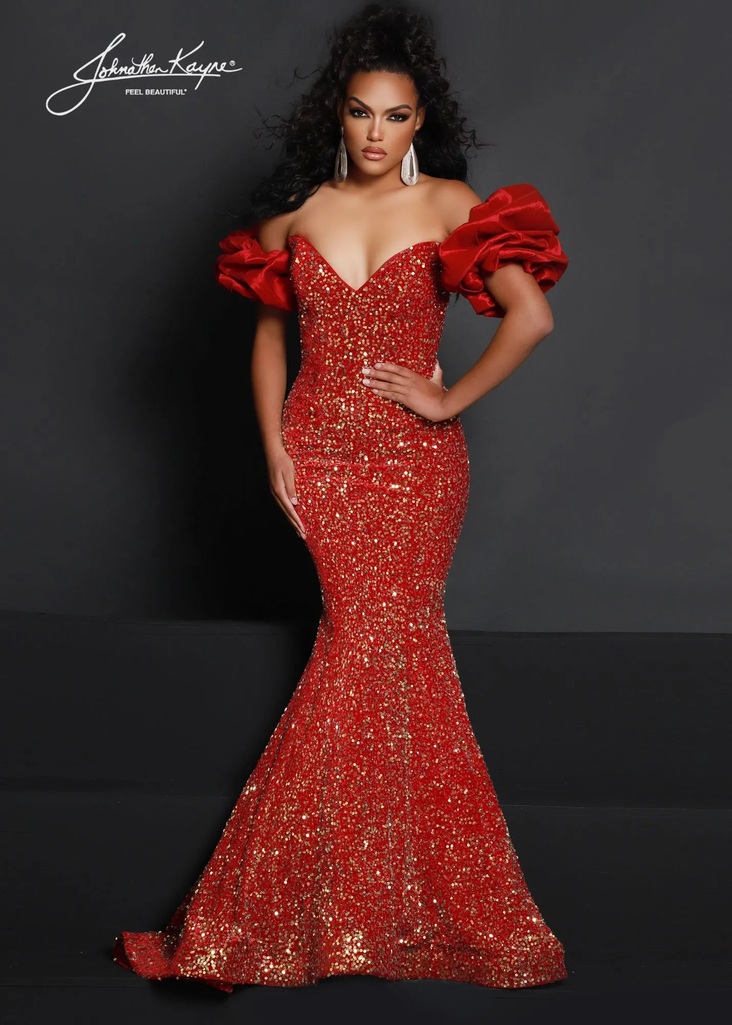 Johnathan Kayne 2641 Long Velvet Sequin Mermaid Prom Dress Puff Sleeve Pageant Gown