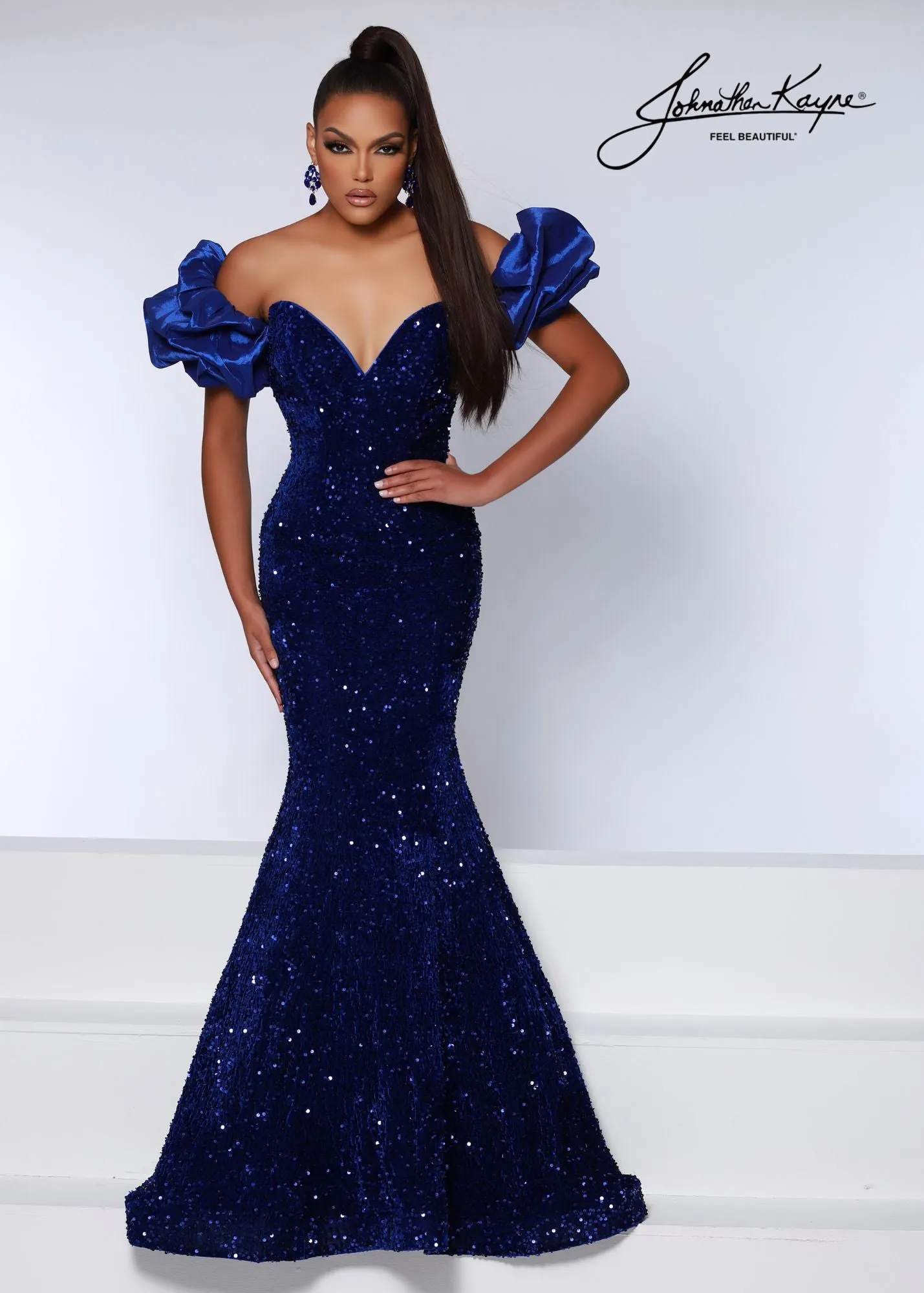 Johnathan Kayne 2641 Long Velvet Sequin Mermaid Prom Dress Puff Sleeve Pageant Gown
