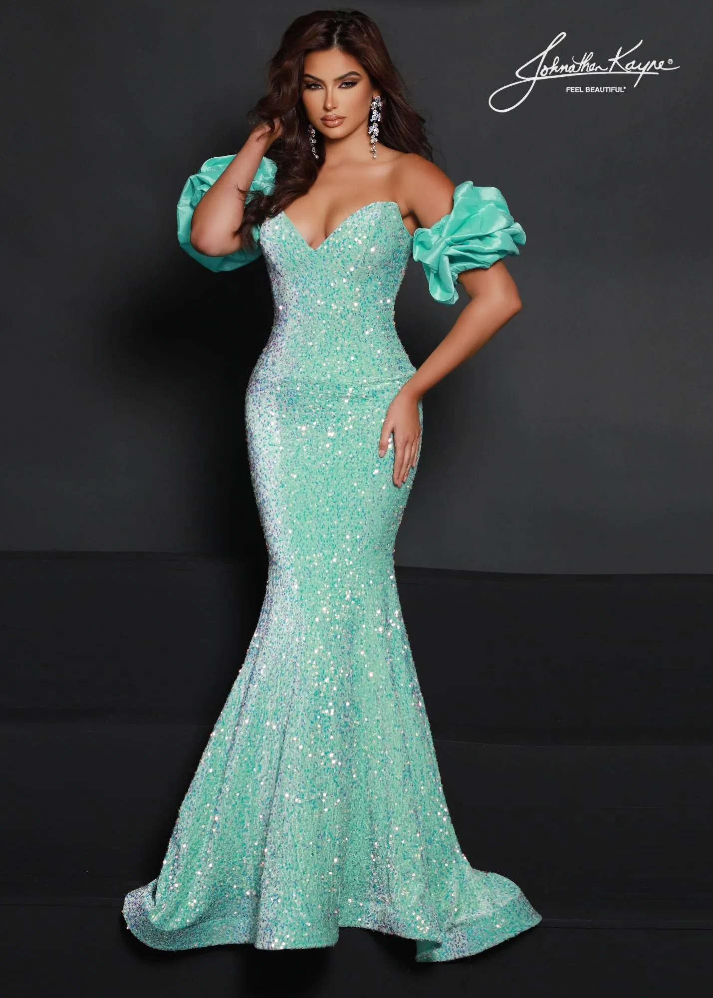 Johnathan Kayne 2641 Long Velvet Sequin Mermaid Prom Dress Puff Sleeve Pageant Gown