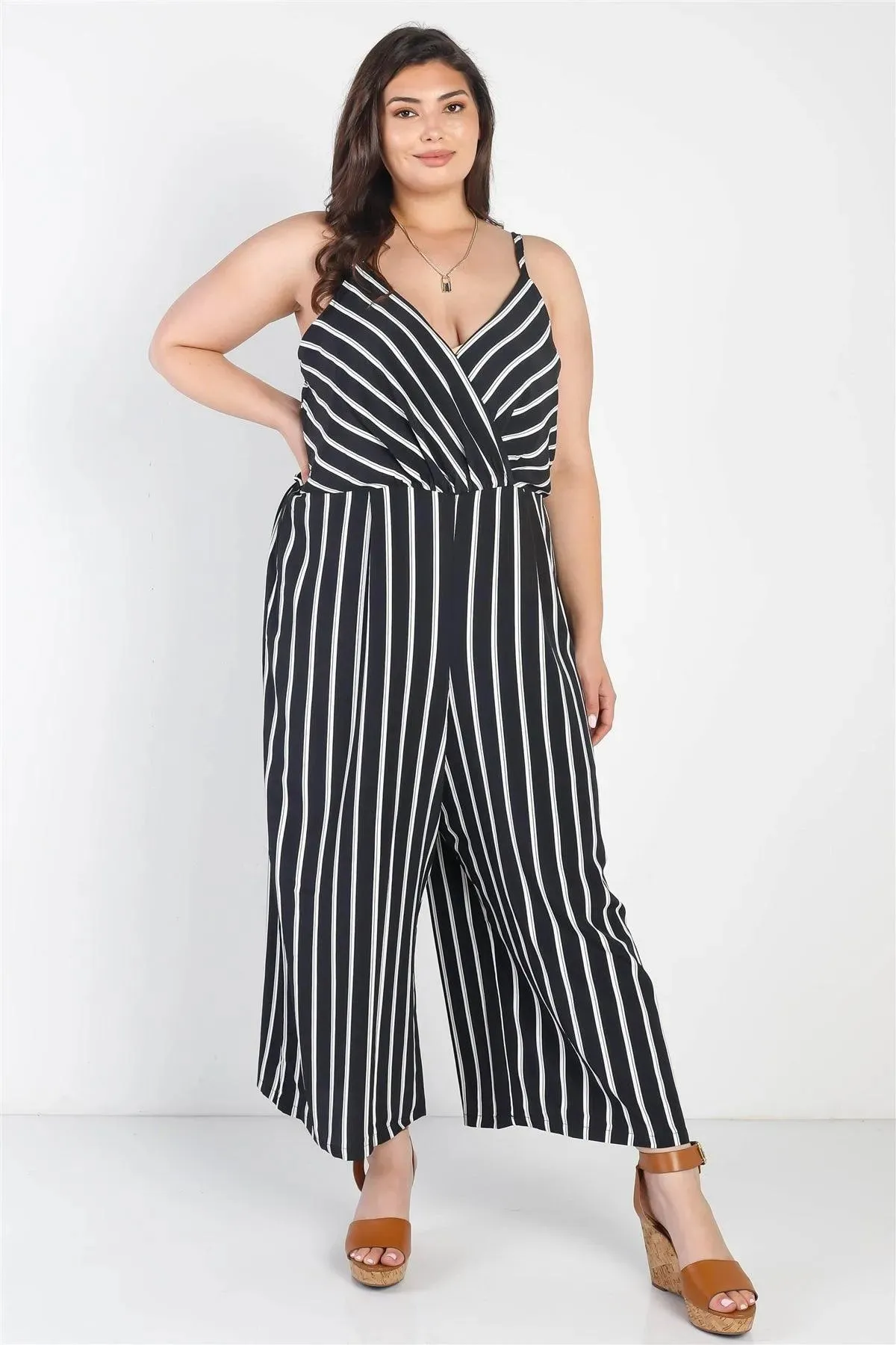Junior Plus Black Stripe Print Wrap V-Neck Sleeveless Romper