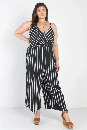 Junior Plus Black Stripe Print Wrap V-Neck Sleeveless Romper