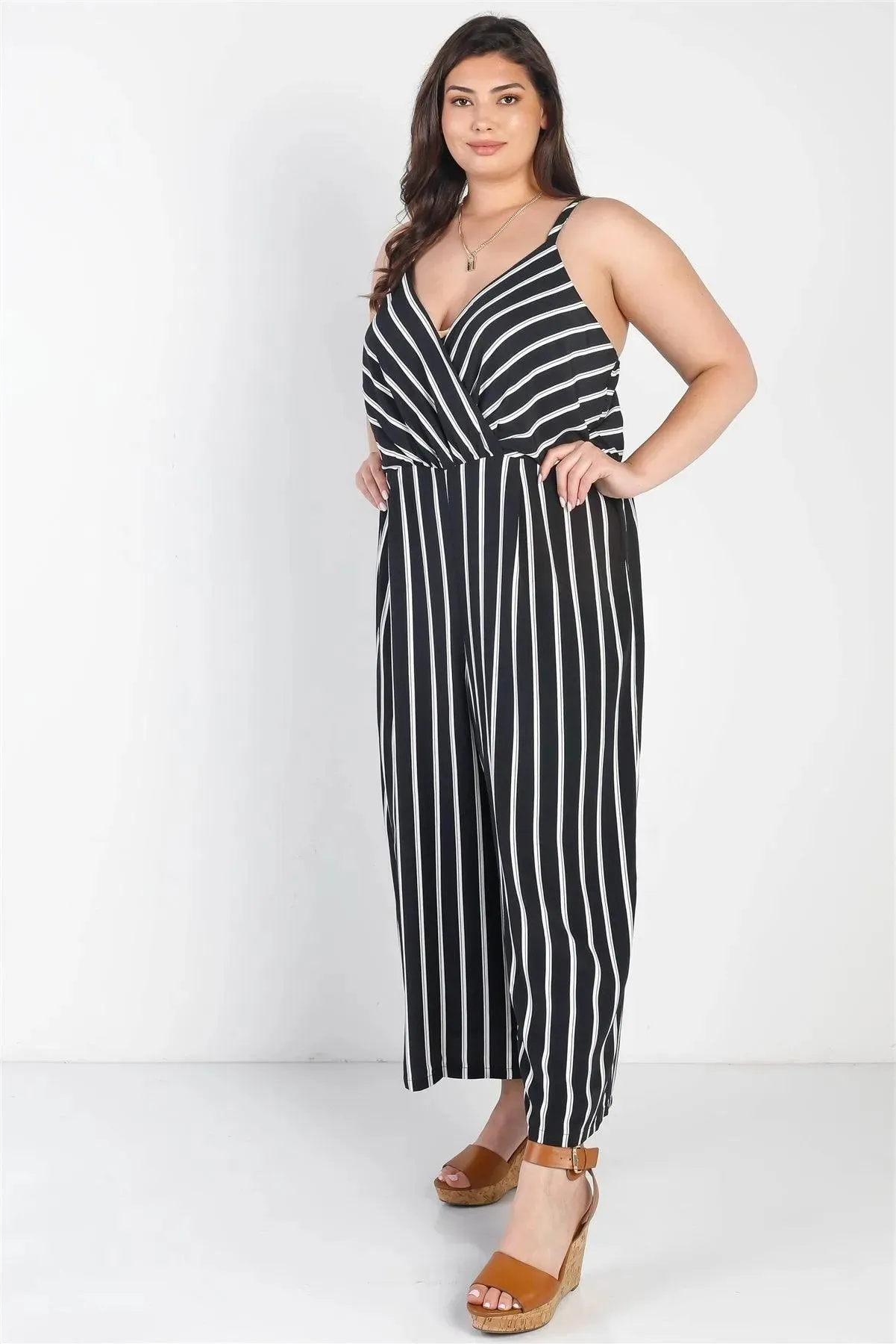 Junior Plus Black Stripe Print Wrap V-Neck Sleeveless Romper