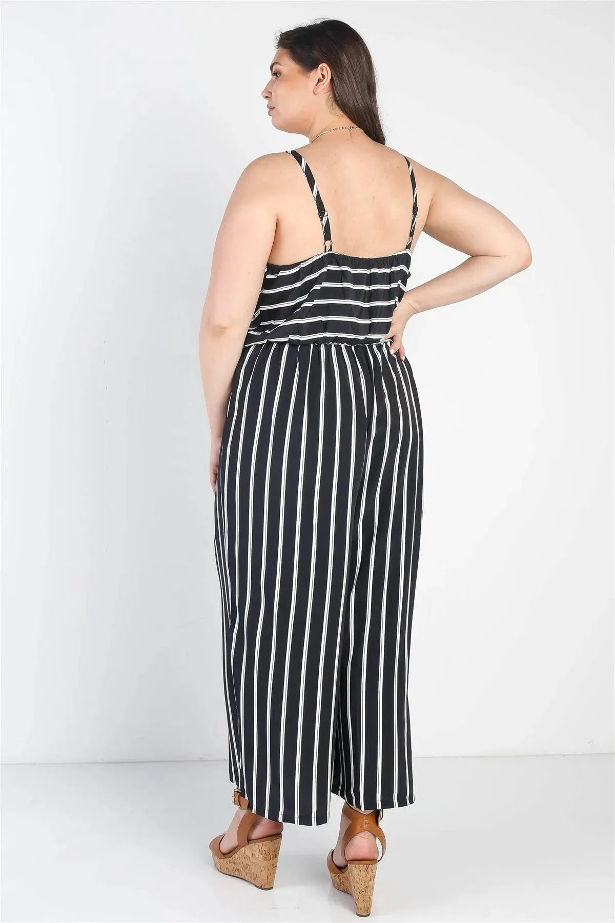 Junior Plus Black Stripe Print Wrap V-Neck Sleeveless Romper