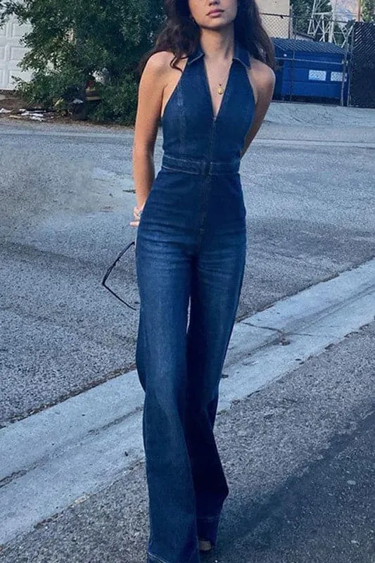 JZ705 Denim Wide Leg Jumpsuit