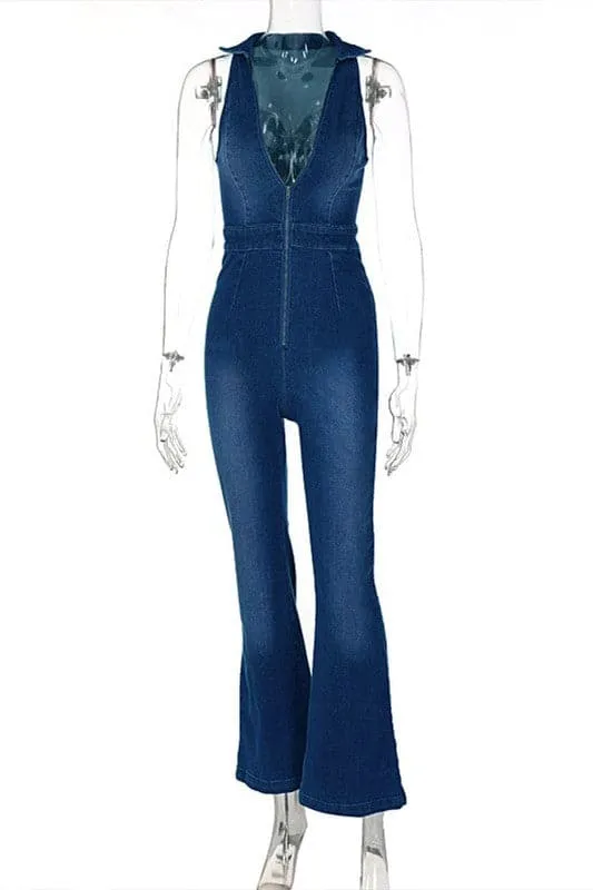 JZ705 Denim Wide Leg Jumpsuit