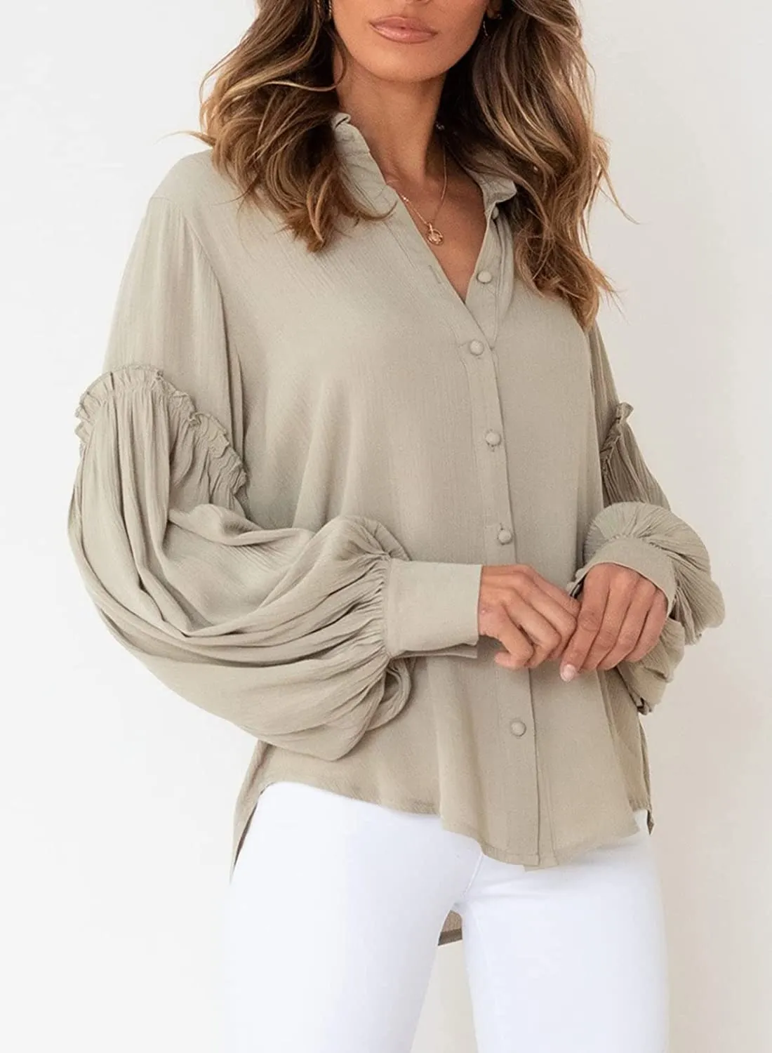 Lantern Sleeve Green Loose Tunic Blouse