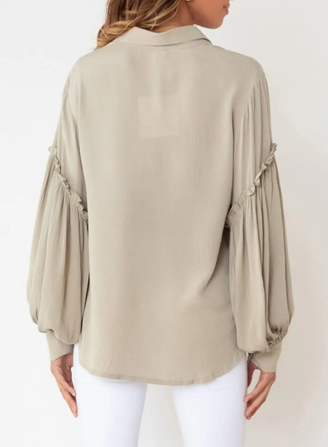 Lantern Sleeve Green Loose Tunic Blouse
