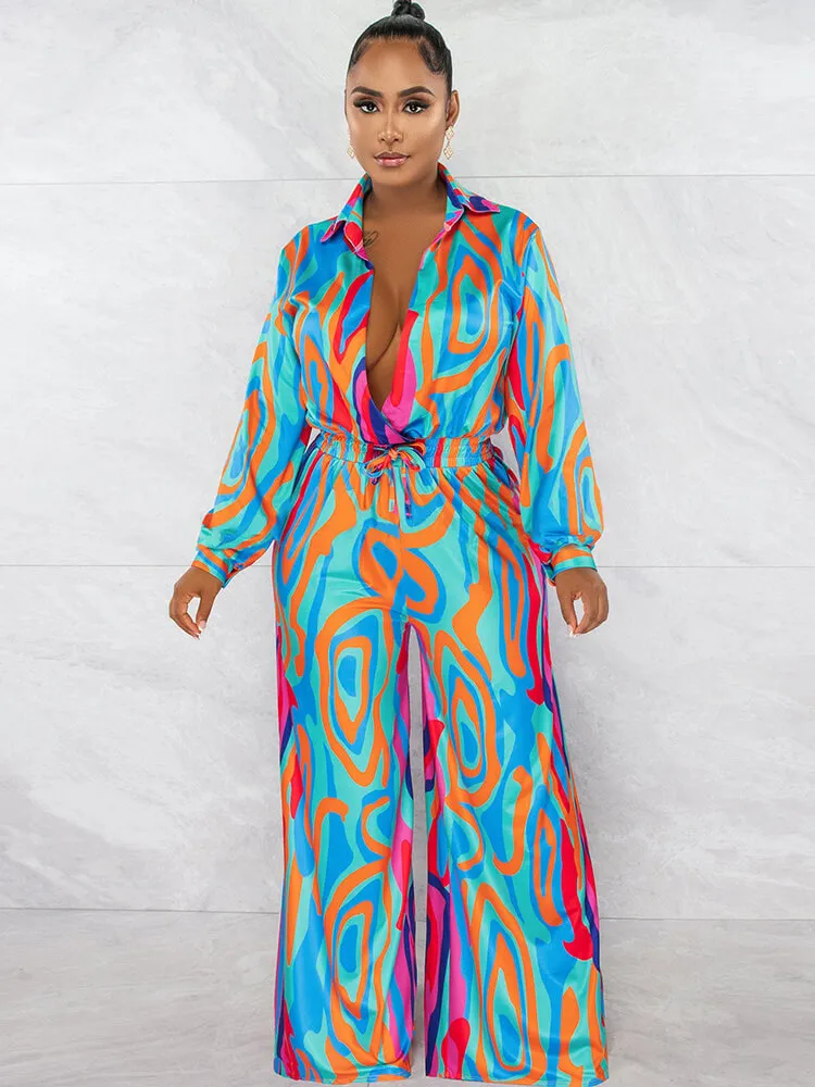 Long Sleeve V Neck Drawstring Jumpsuits