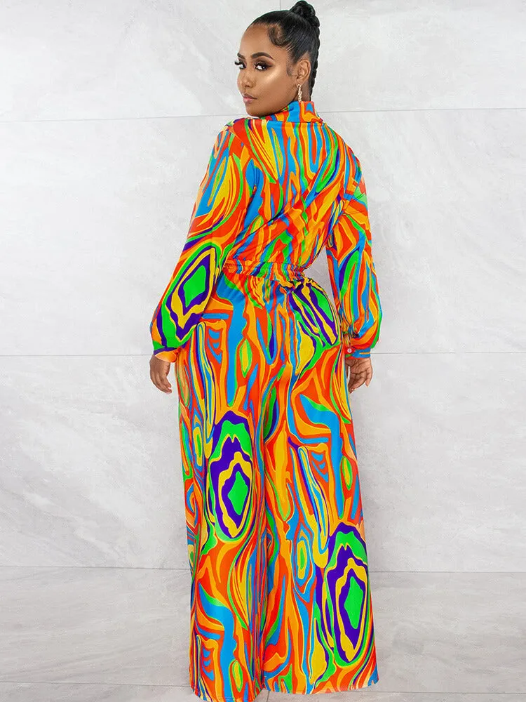 Long Sleeve V Neck Drawstring Jumpsuits