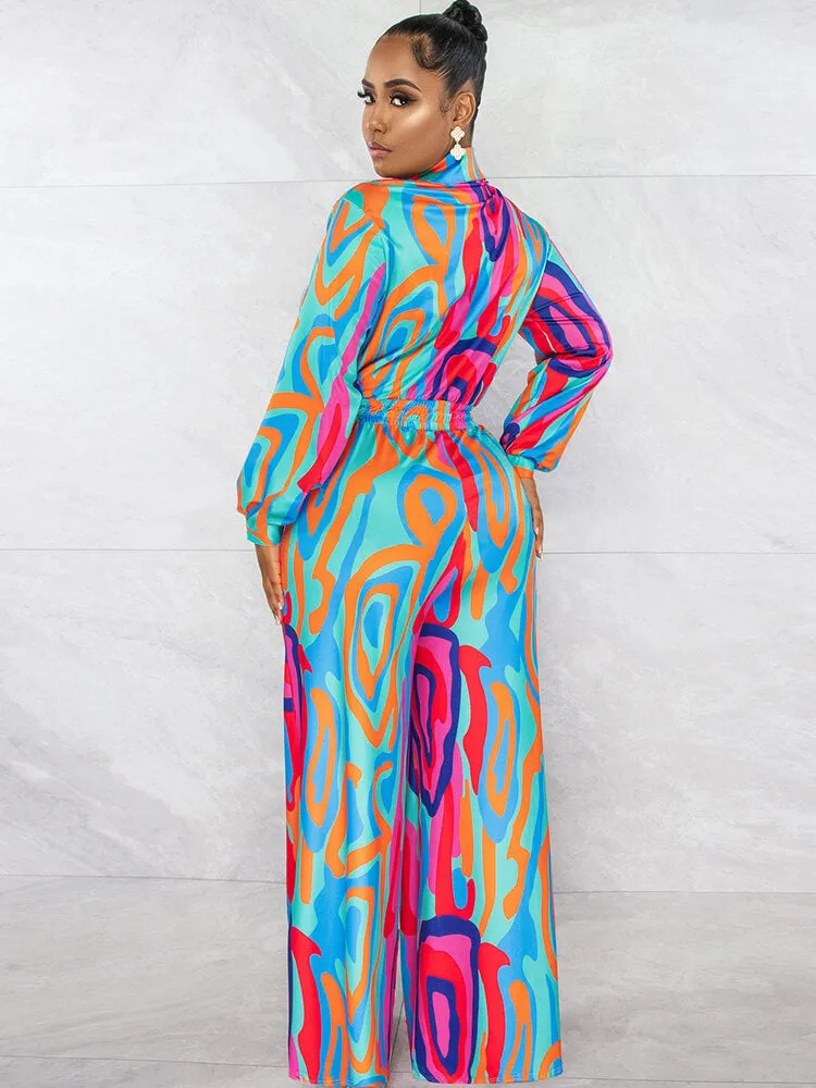 Long Sleeve V Neck Drawstring Jumpsuits