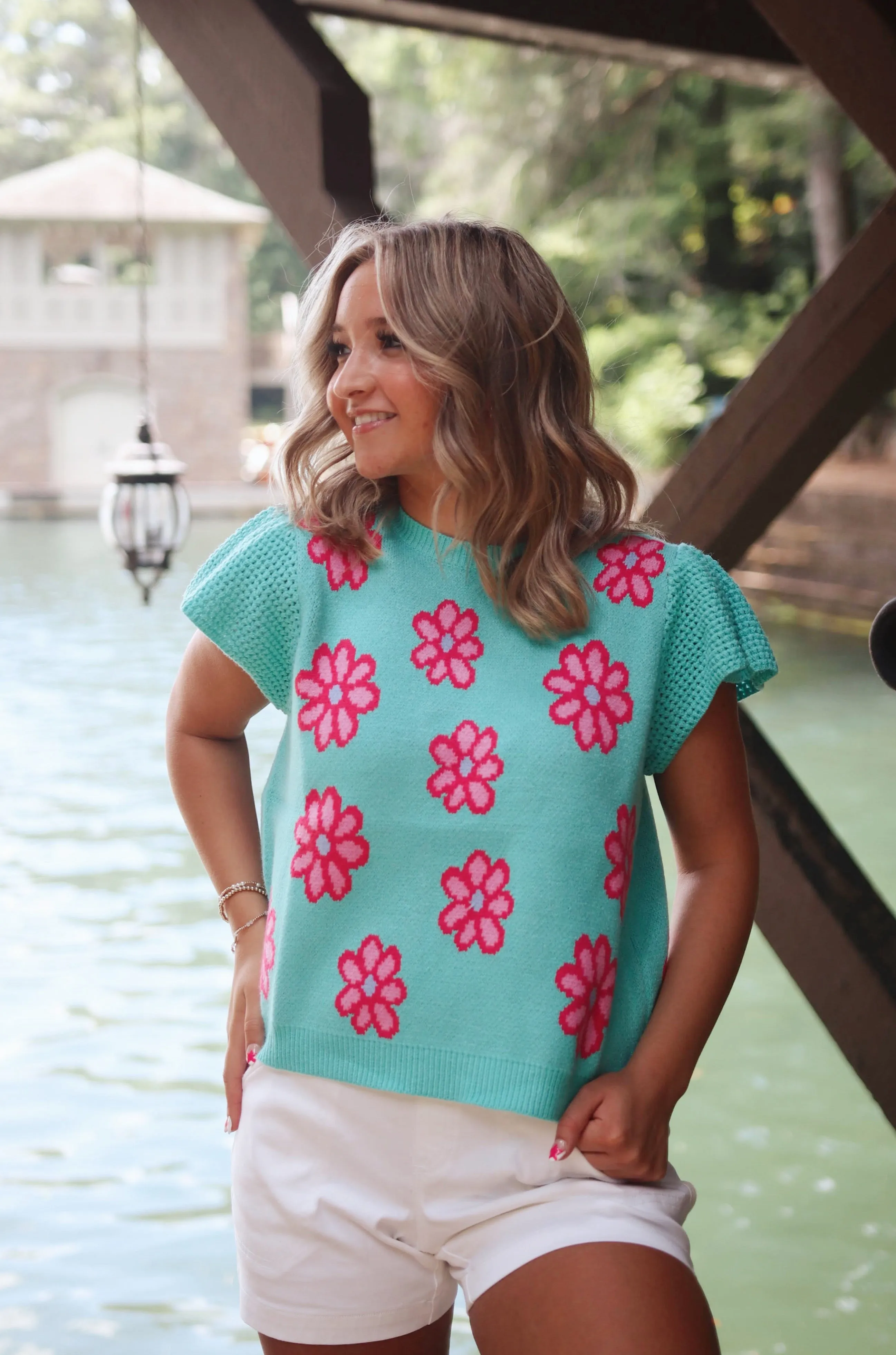 Macy Knit Floral Ruffle Sleeve Sweater Top