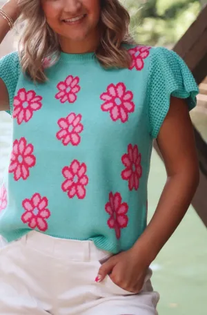 Macy Knit Floral Ruffle Sleeve Sweater Top