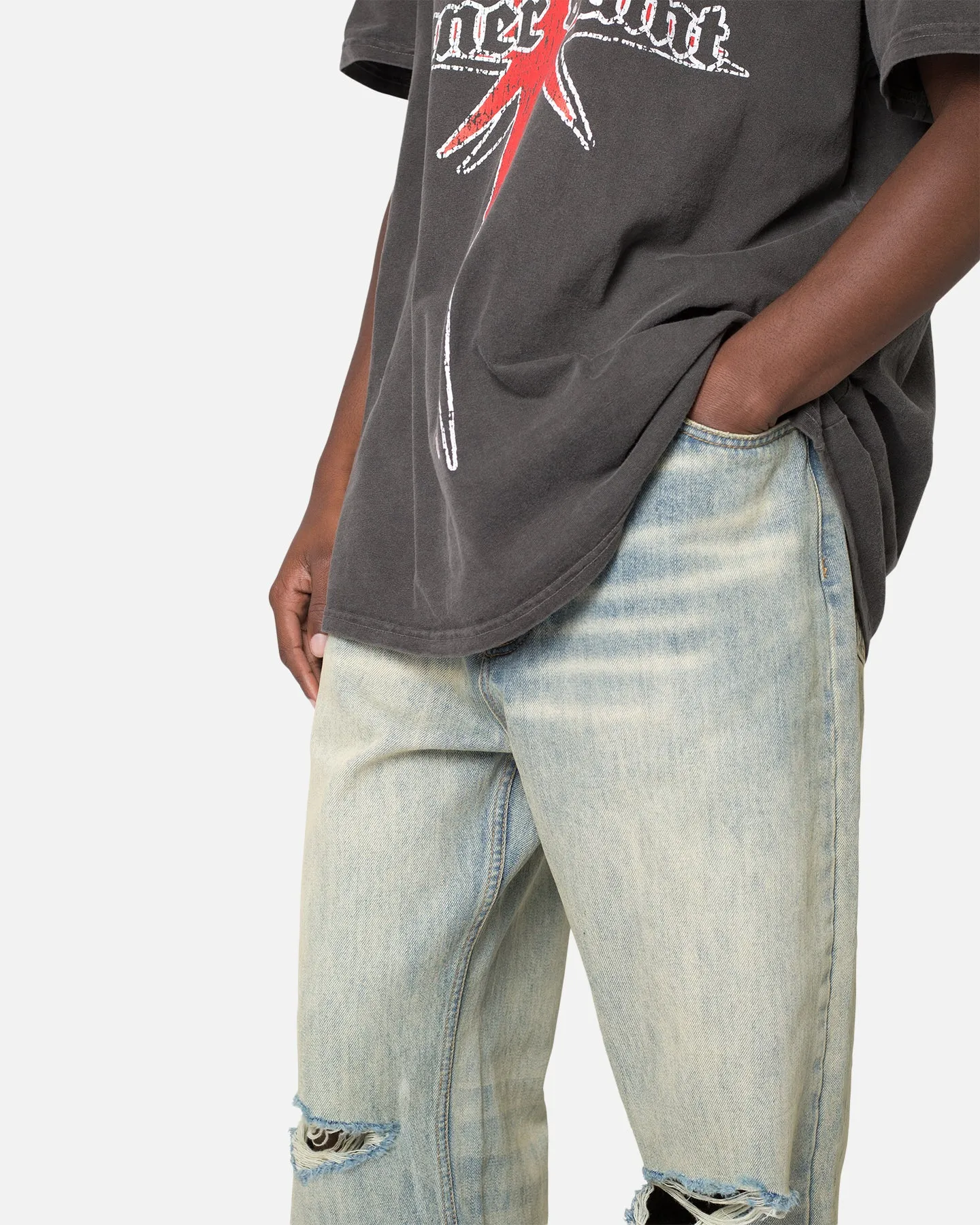 MNML Knee Distressed Ultra Baggy Denim Jeans Vintage Blue