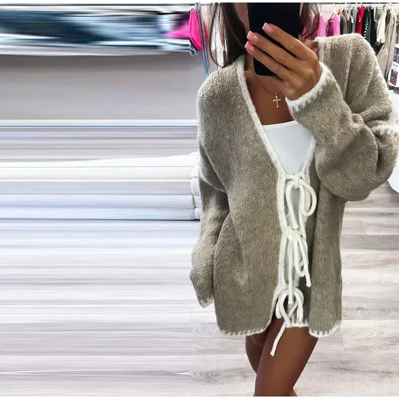 Oversized Hollow Contrast Bow Lace-Up  Knitwear Cardigan
