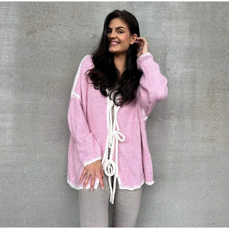Oversized Hollow Contrast Bow Lace-Up  Knitwear Cardigan