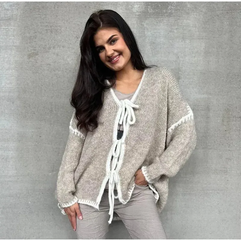 Oversized Hollow Contrast Bow Lace-Up  Knitwear Cardigan
