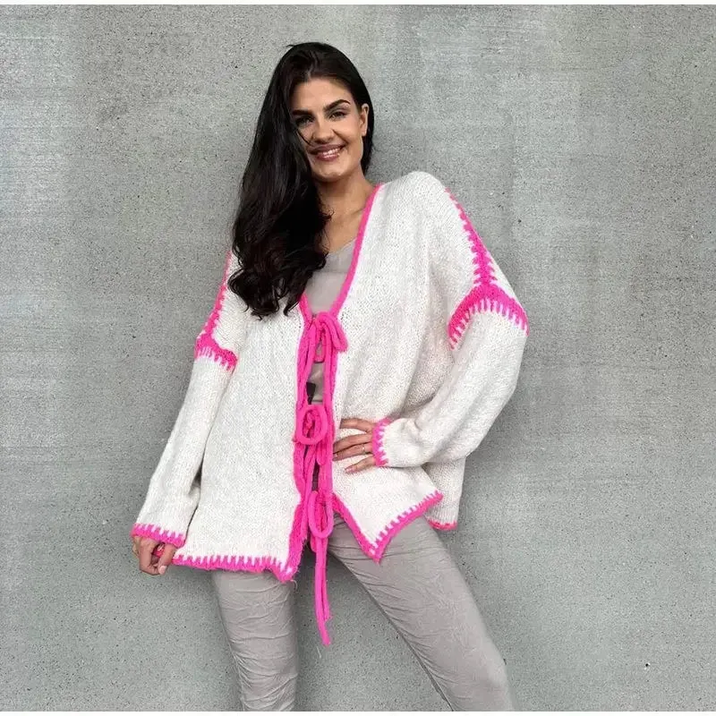 Oversized Hollow Contrast Bow Lace-Up  Knitwear Cardigan