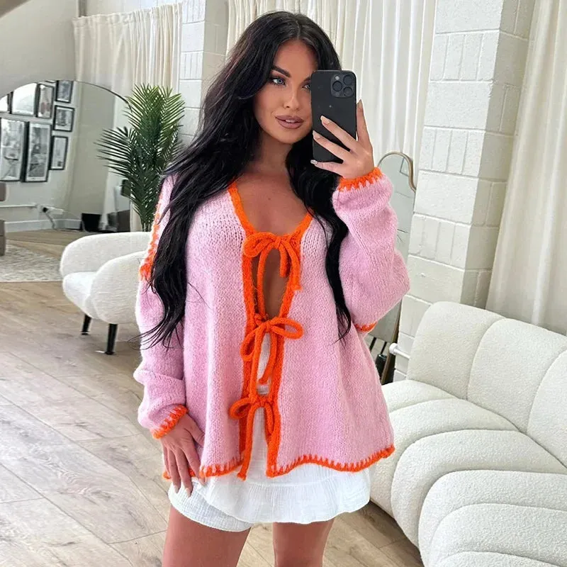 Oversized Hollow Contrast Bow Lace-Up  Knitwear Cardigan